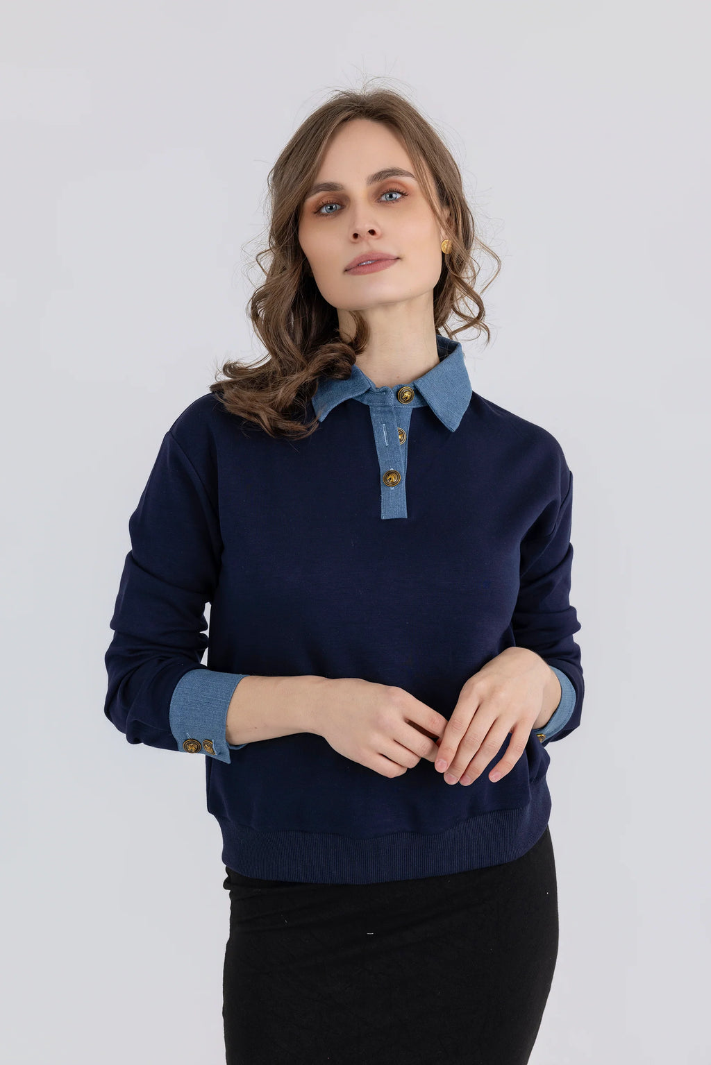 Denim Collar and Cuff Sweatshirt