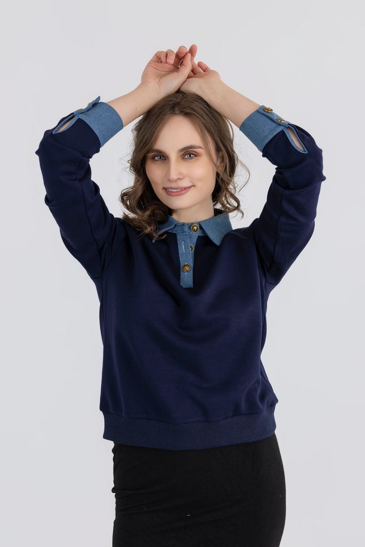Denim Collar and Cuff Sweatshirt