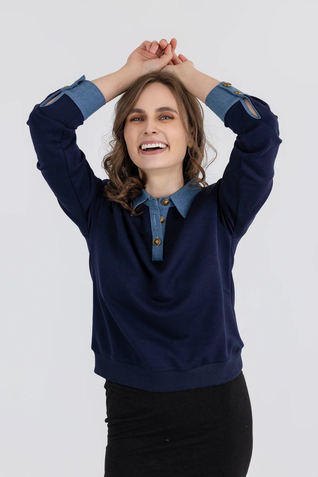 Denim Collar and Cuff Sweatshirt