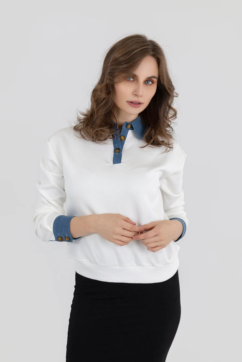 Denim Collar and Cuff Sweatshirt