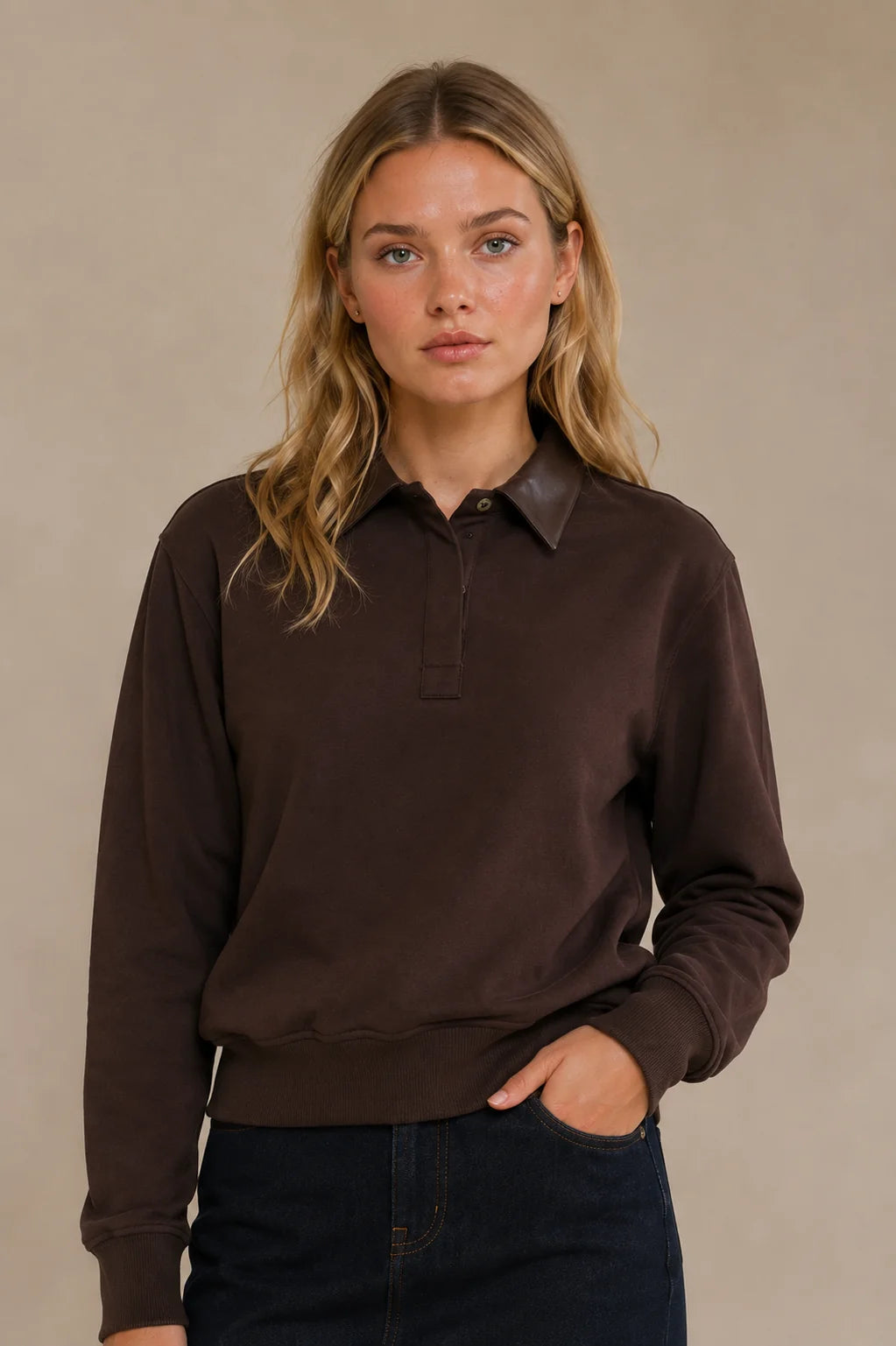 Leather Collar & Cuff Sweat